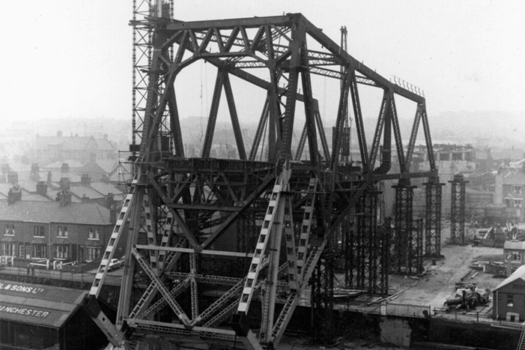 Steelwork installed over river piers and after demolition of Hope St Runcorn circa 1958. https://picturehalton.org.uk/