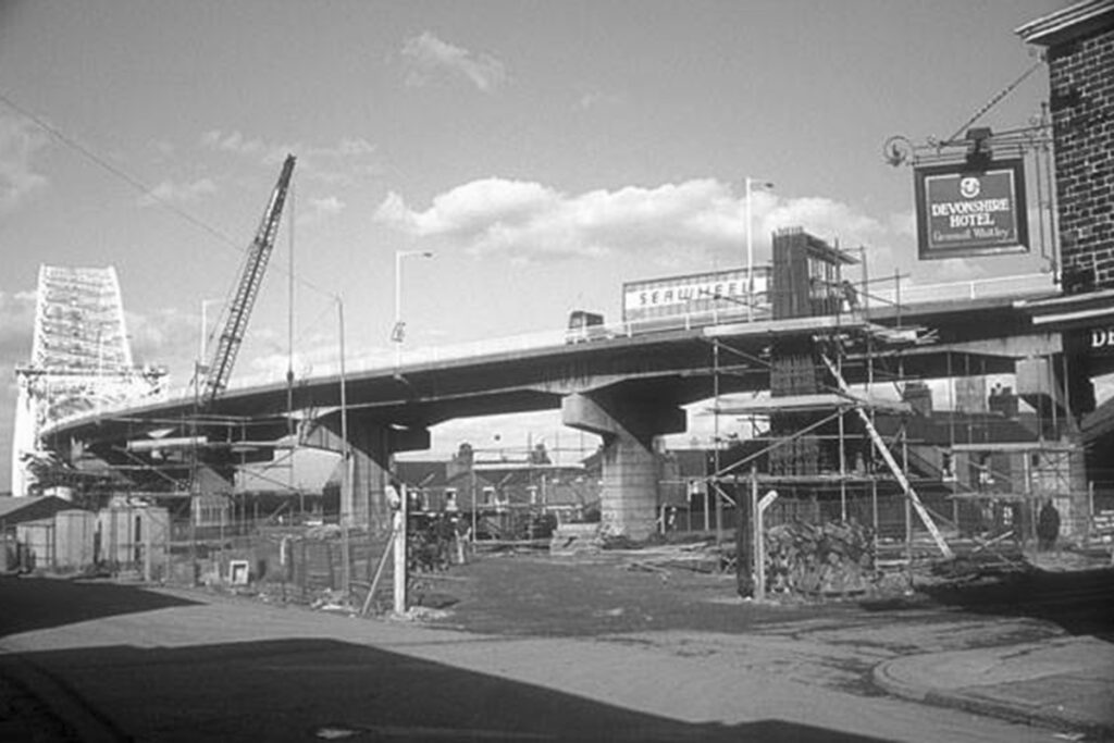 Runcorn bridge approach expansion works in Ashridge St circa 1977
