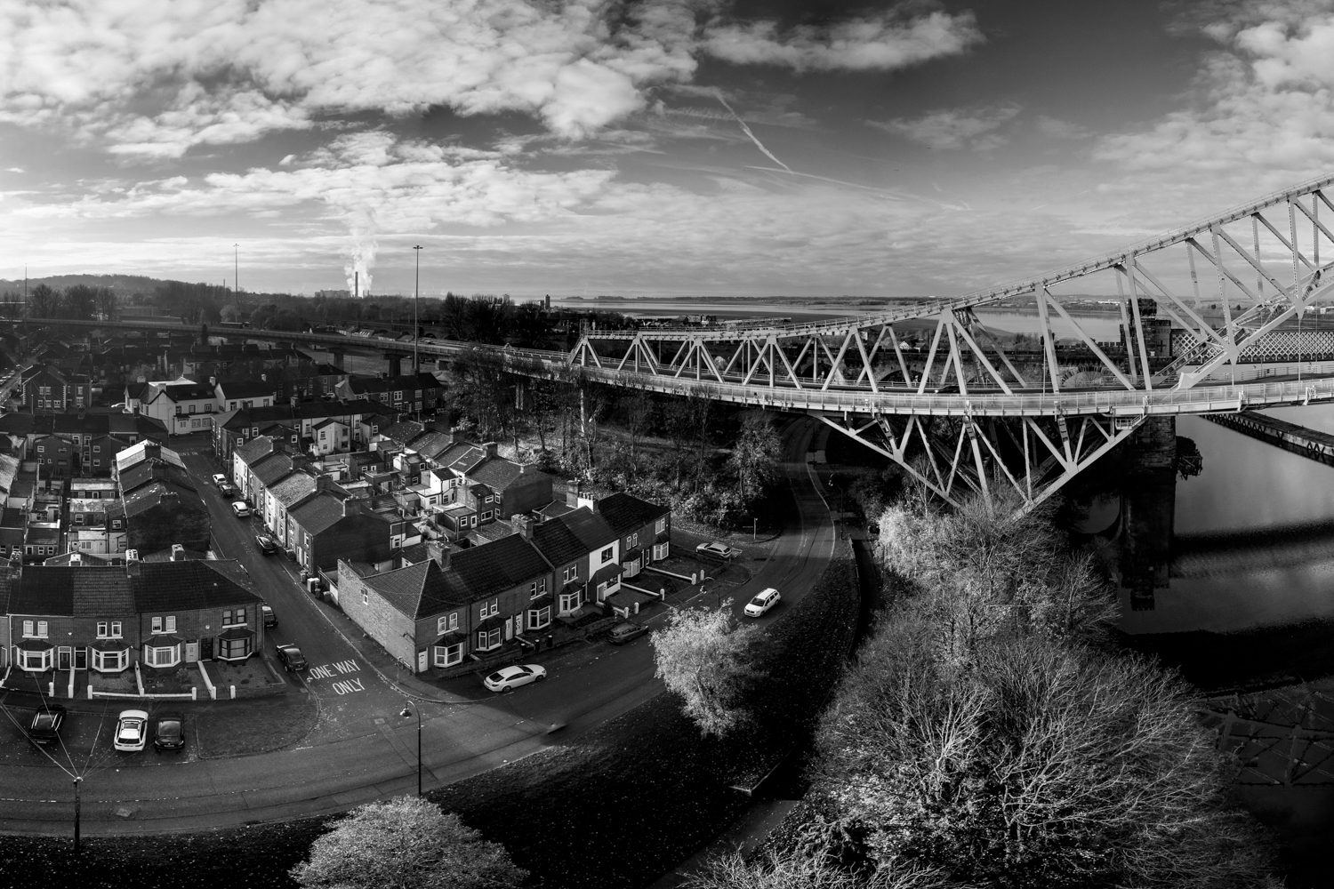 Aerial view of Silver Jubilee Bridge Runcorn and Waterloo Rd.